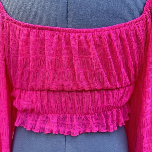Frilly Romantic Fuchsia Crop Top Women Small Bishop Sleeve Textured Off Shoulder - Picture 6 of 16